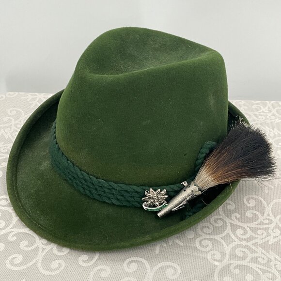 Sterreicischer Markenhut Green Wool Tyrolean Hat W/ Edelweiss Pin & Brush Decora
